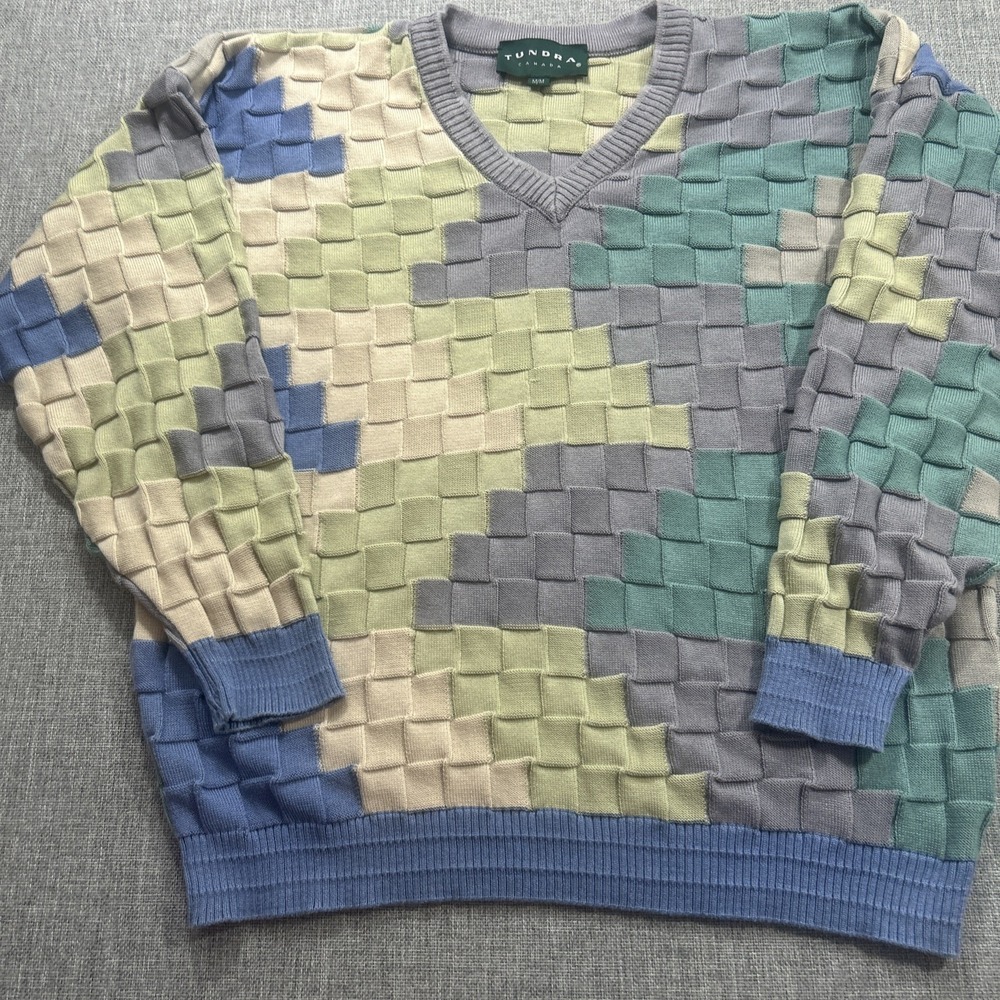 Vtg Tundra Canada Sweater M Geometric 3D Knit Multicolor Mens Cosby Hip Hop - Picture 2 of 9
